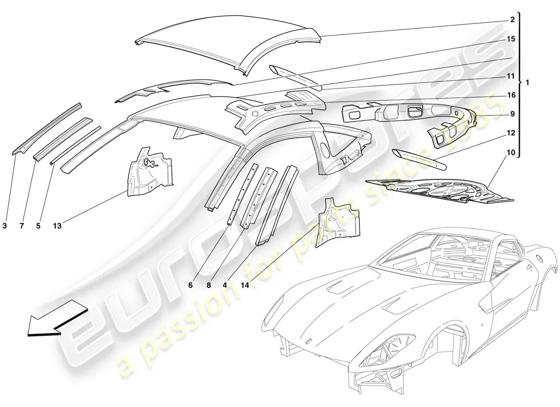 ferrari 599 gtb fiorano (rhd) carroceria - techo diagrama de piezas