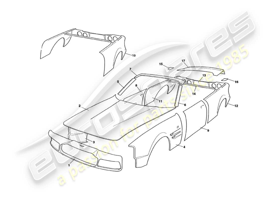 aston martin v8 volante (1997) paneles de carrocería diagrama de piezas