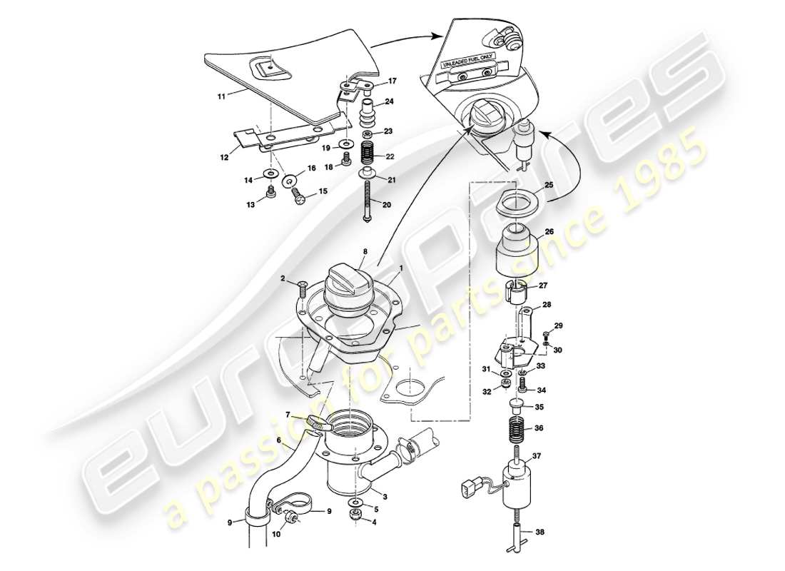 aston martin v8 volante (1997) tapas de llenado de combustible diagrama de piezas