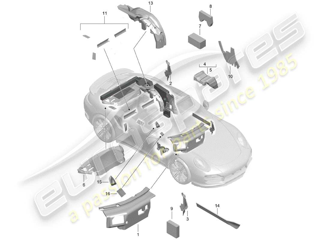 porsche 2016 (991-1 turbo) diagrama de piezas de la carcasa del cuerpo