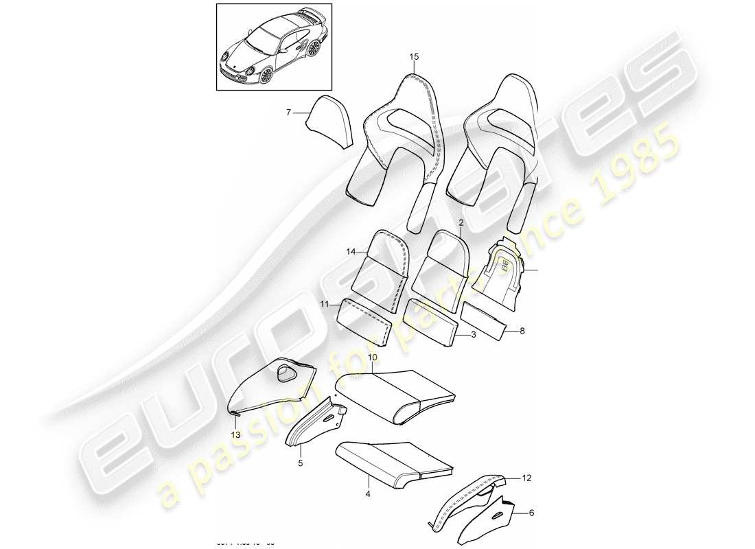porsche 911 t/gt2rs (2011) diagrama de piezas de la pieza de espuma