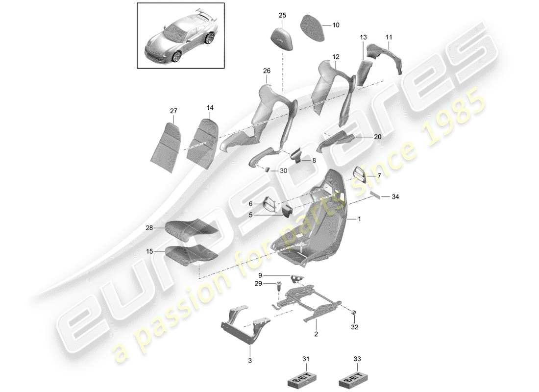 porsche 991r/gt3/rs (2019) diagrama de piezas de seat