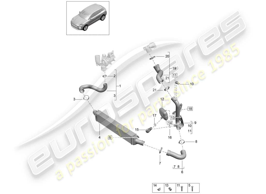 porsche 2019 (macan) diagrama de piezas del enfriador de aire de carga