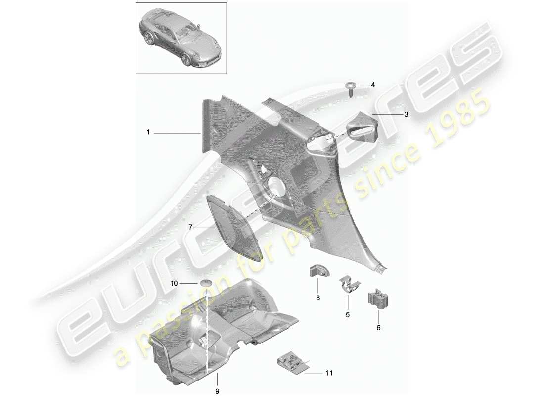 porsche 2016 (991-1 turbo) panel de adorno de cuarto diagrama de piezas