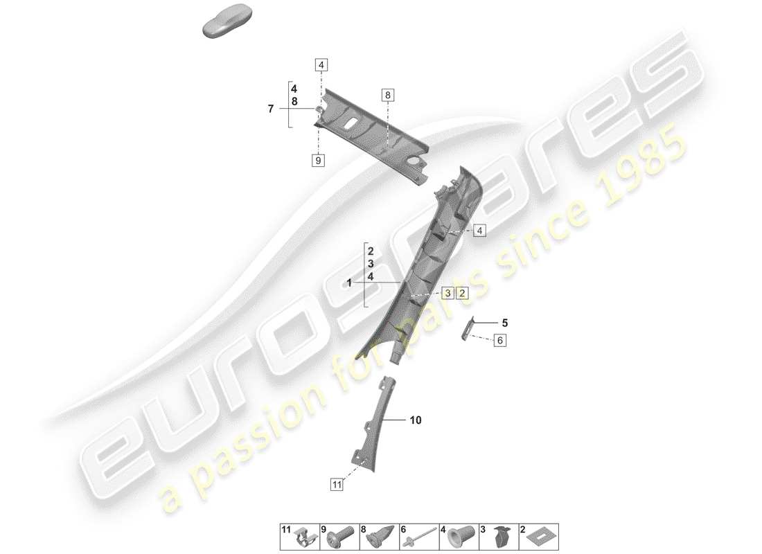 porsche 2019 (992-1) forro del pilar a diagrama de piezas