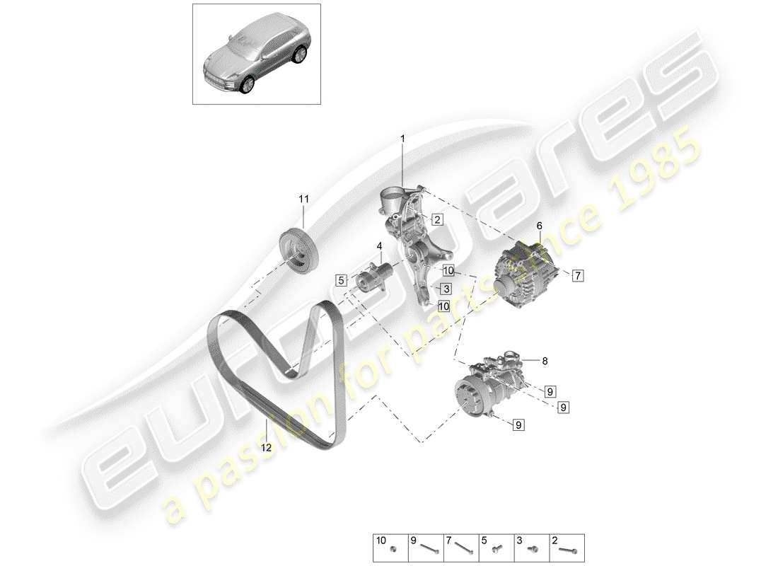 porsche 2019 (macan) cinturón acanalado en v diagrama de piezas