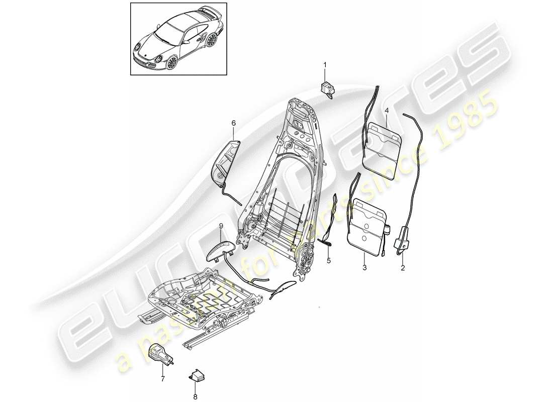 porsche 911 t/gt2rs (2011) diagrama de piezas de soporte lumbar