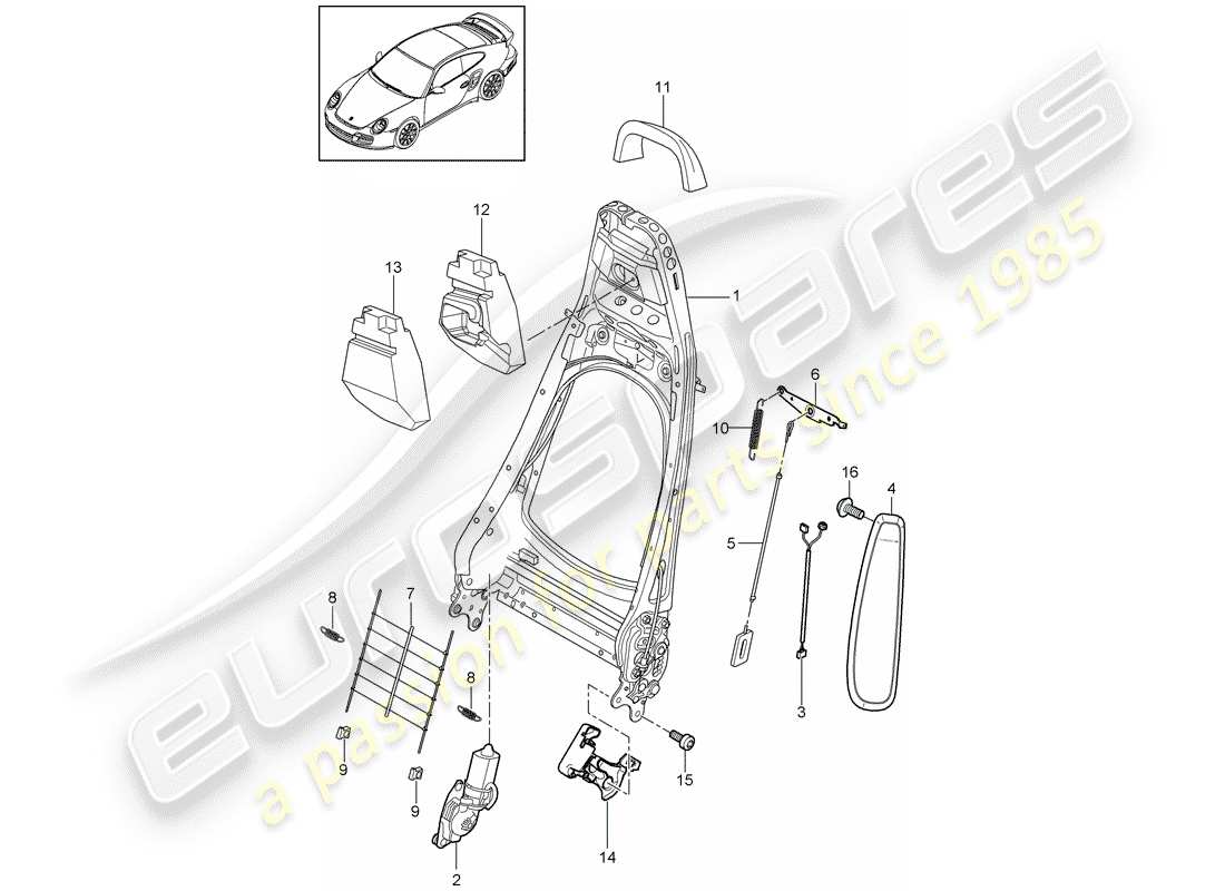 porsche 2012 (997-2 turbo / gt2 rs) marco del respaldo diagrama de piezas