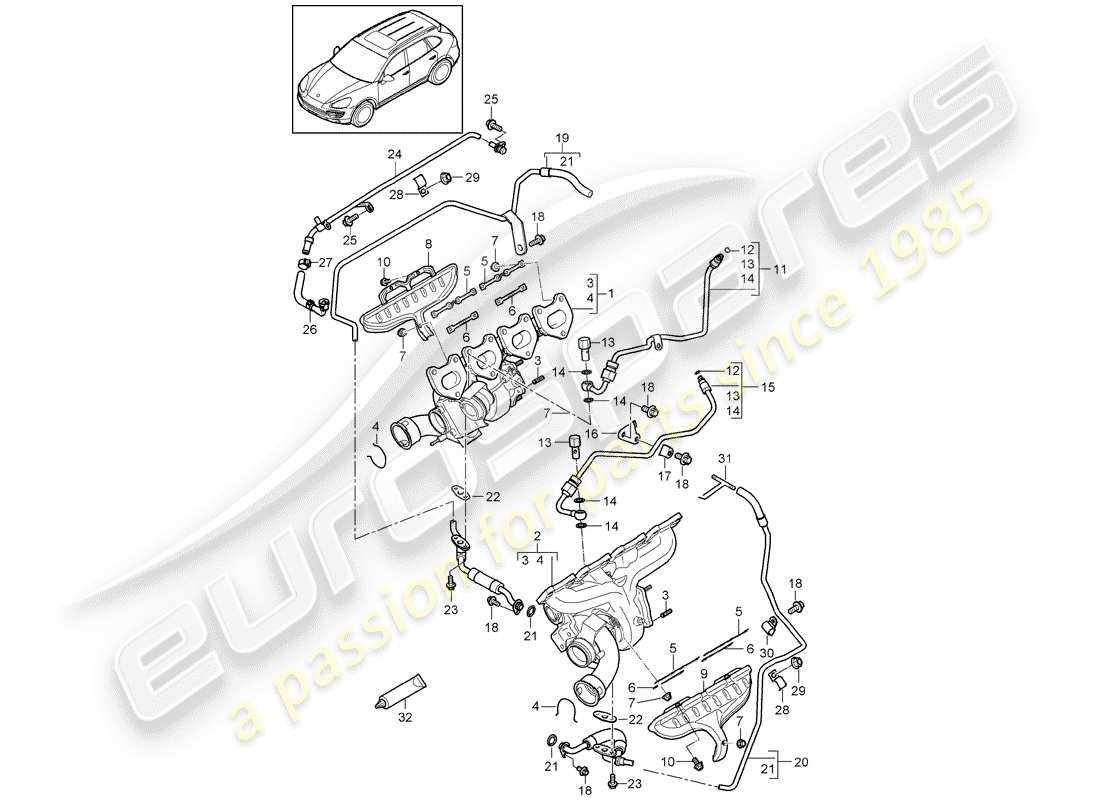 porsche 2012 (cayenne e2 92a) turbocompresor de gases de escape diagrama de piezas
