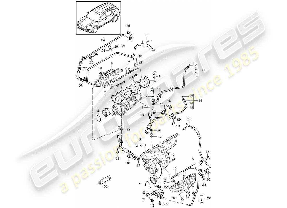 porsche cayenne e2 (2012) diagrama de piezas del turbocompresor de gas de escape