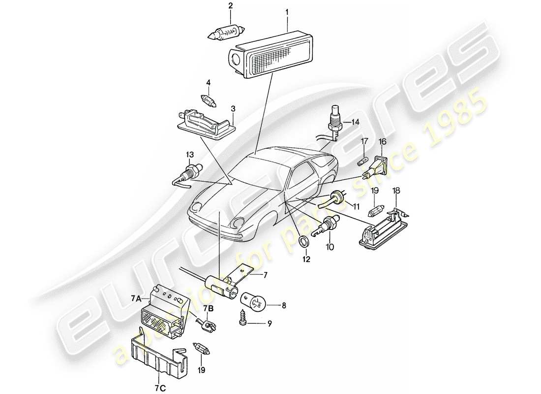 porsche 1987 (928) luces interiores diagrama de piezas