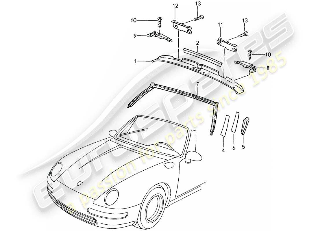 porsche 1998 (993) marco del parabrisas - accesorios diagrama de piezas