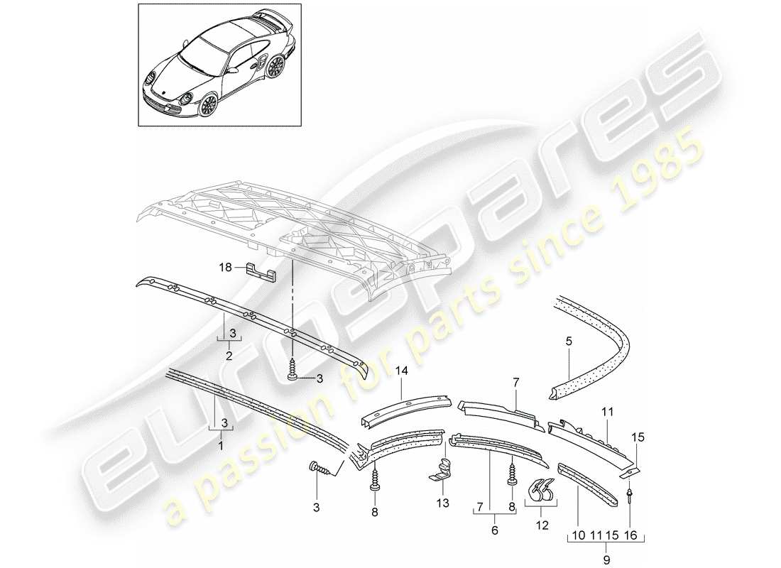 porsche 997 t/gt2 (2008) diagrama de piezas de capota convertible