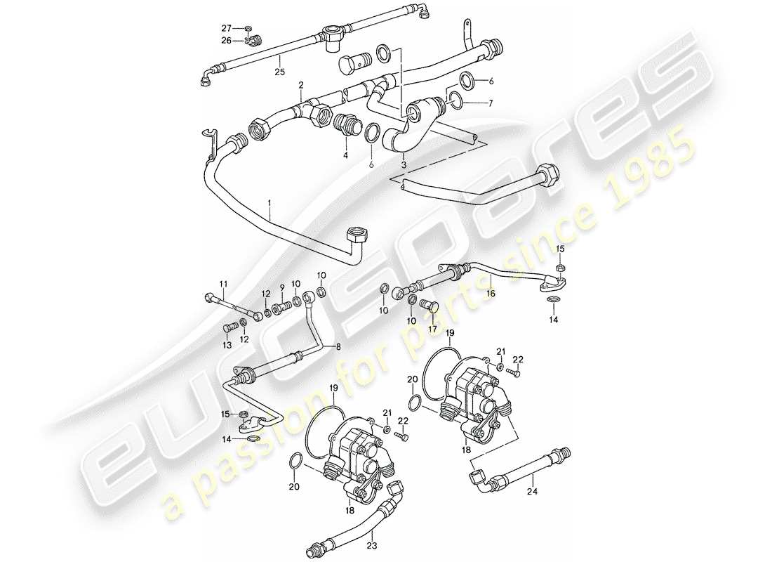 porsche 1987 (959) lubricación del motor - bomba de aceite - turbocompresor de gas de escape diagrama de piezas