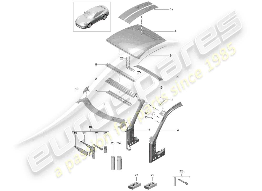 porsche 991 turbo (2014) capucha diagrama de piezas