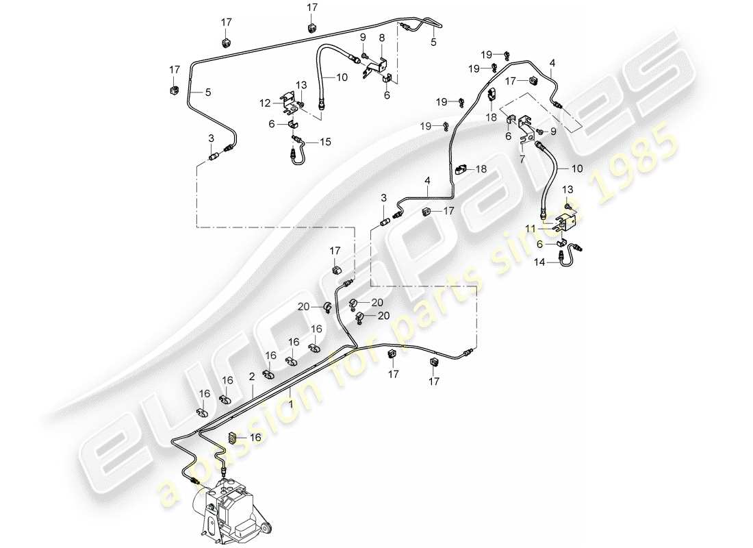 porsche carrera gt (2005) línea de freno - bajos - eje trasero diagrama de piezas
