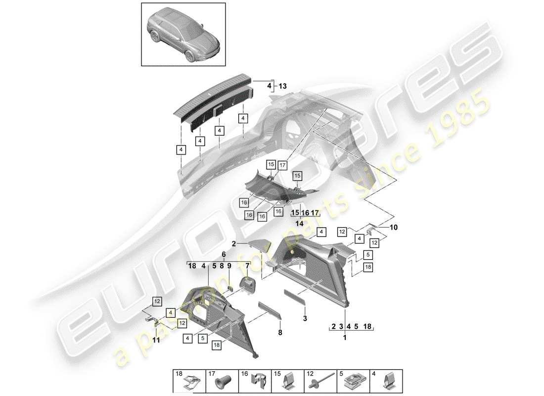 porsche 2018 (cayenne e3 9ya/9yb) forro de bota diagrama de piezas