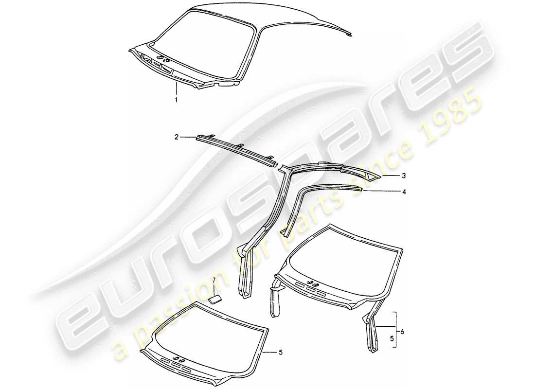 porsche 1996 (993) panel exterior del techo - marco del parabrisas diagrama de piezas