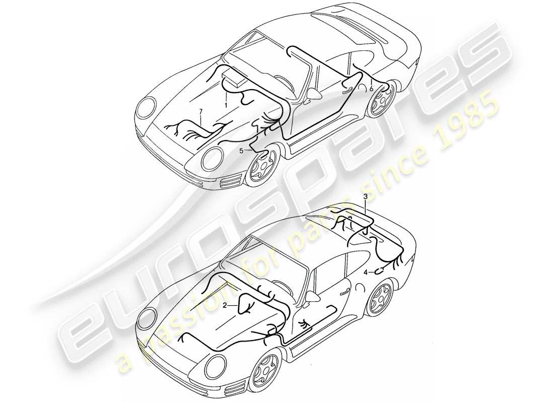 porsche 1988 (959) mazo de cables - sistema de freno antibloqueo -abs- - control de bloqueo - sistema de control de presión de neumáticos - diagrama de piezas del motor