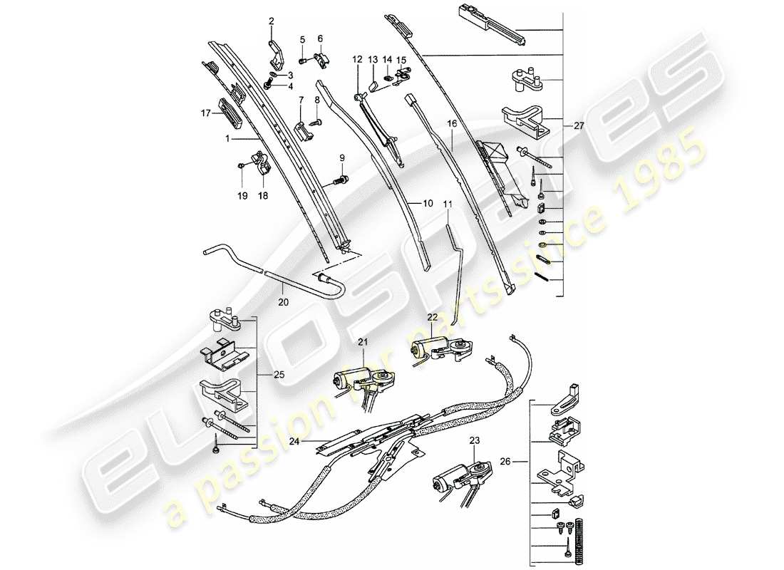 porsche 1998 (993) mecanismo de conducción - techo de cristal diagrama de piezas