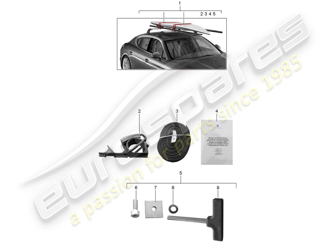 porsche 2012 (tequipment panamera) diagrama de piezas del portador de tablas de surf
