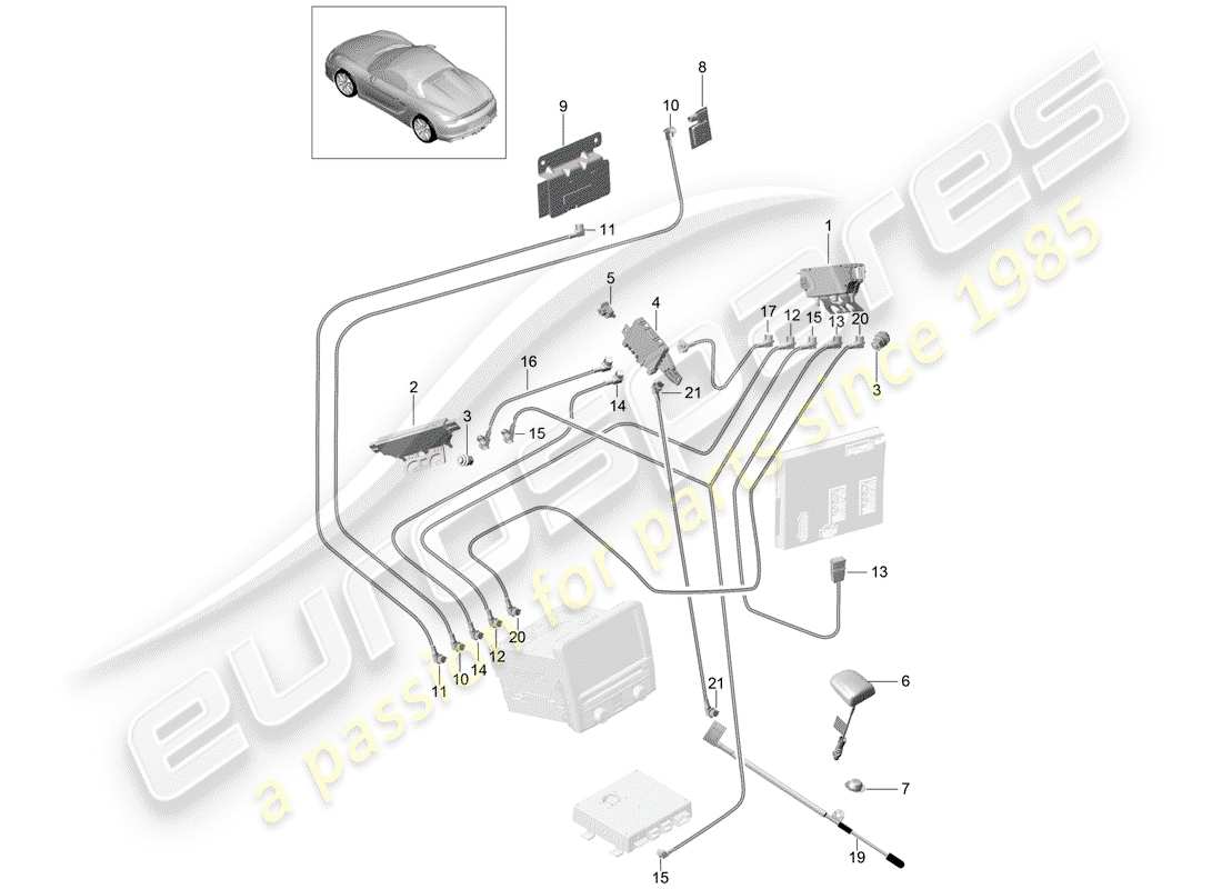 porsche 2016 (981 boxster spyder) diagrama de piezas del amplificador de antena