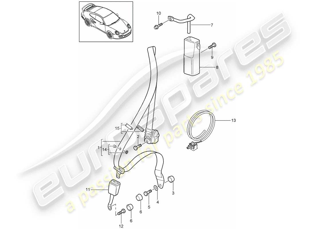 porsche 997 t/gt2 (2008) diagrama de piezas del cinturón de seguridad