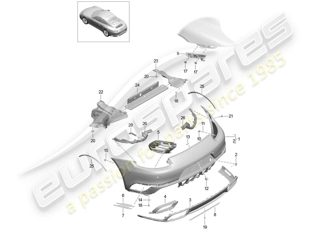 porsche 991 turbo (2016) diagrama de piezas del parachoques