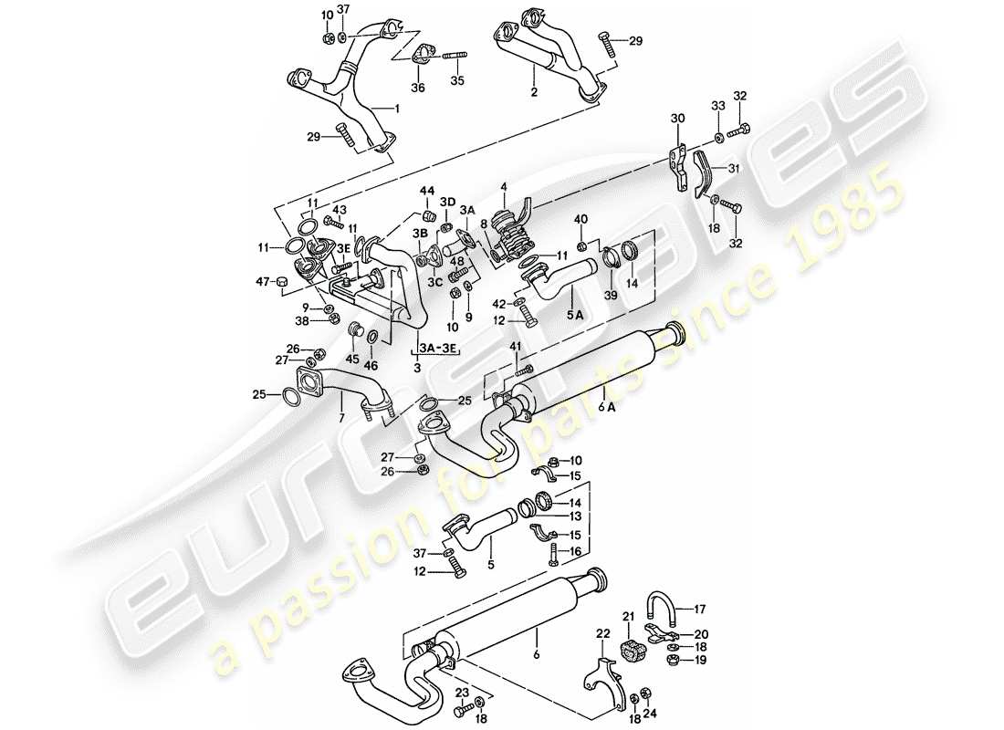 porsche 1988 (944) sistema de escape - - silenciador de escape, delantero diagrama de piezas