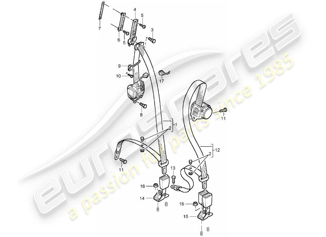 porsche 2003 (cayenne e1 9pa) diagrama de piezas del cinturón de seguridad de tres puntos