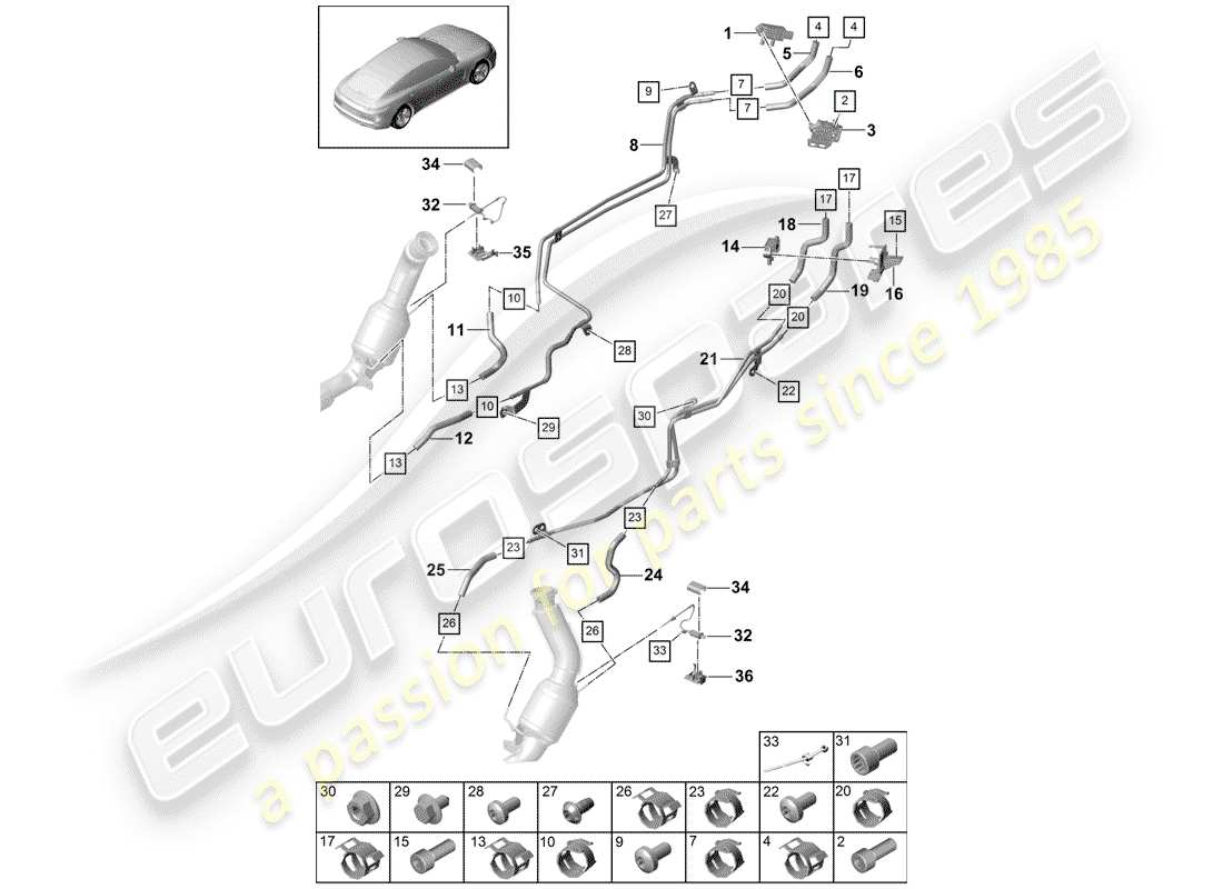 porsche 2018 (panamera 971-1) sistema de escape diagrama de piezas