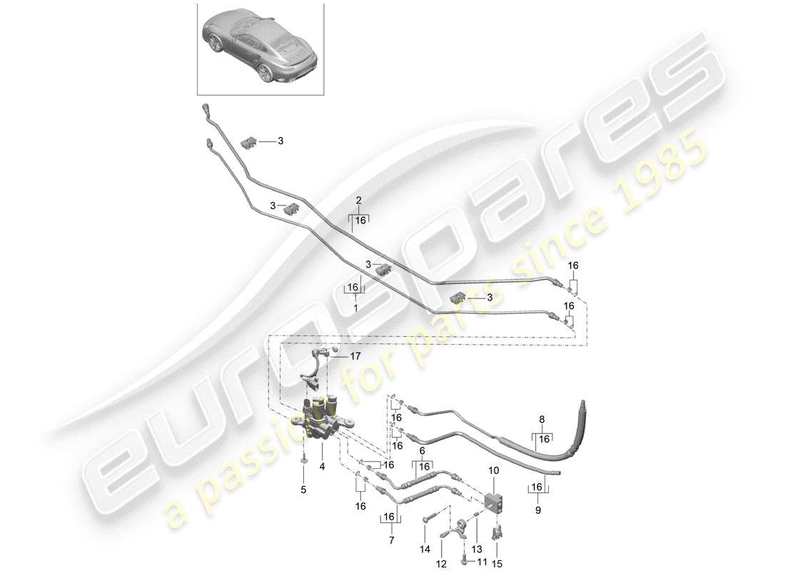 porsche 2016 (991-1 turbo) línea hidráulica diagrama de piezas