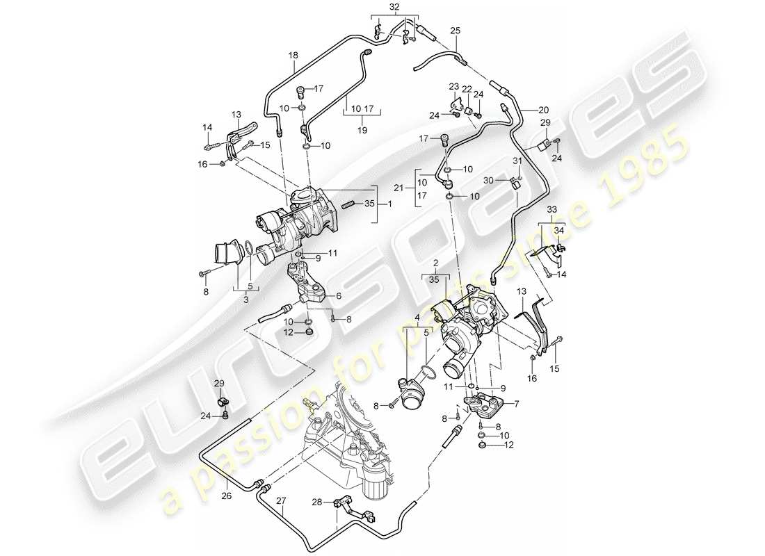 porsche 2006 (cayenne e1 9pa) diagrama de piezas del turbocompresor de gas de escape