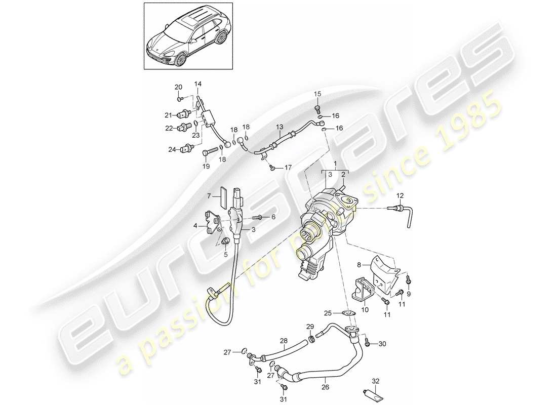 porsche 2016 (cayenne e2 92a) diagrama de piezas del turbocompresor de gas de escape