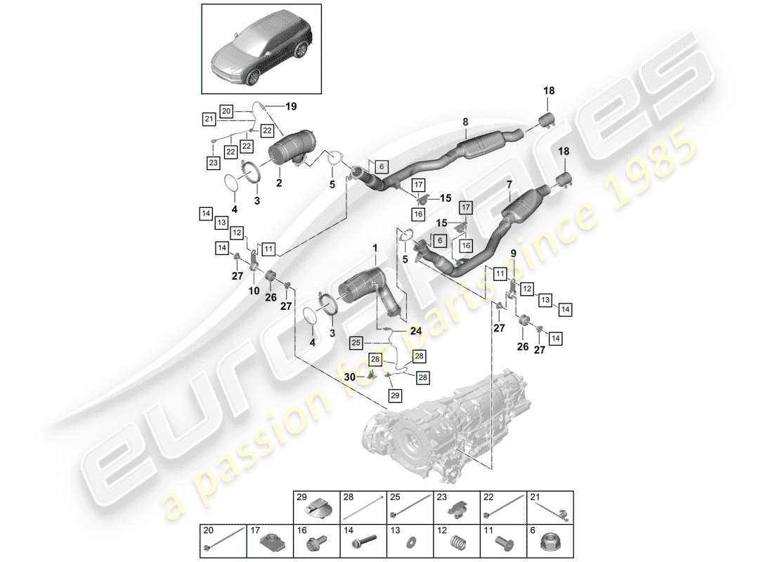 porsche 2018 (cayenne e3 9ya/9yb) diagrama de piezas del sistema de escape