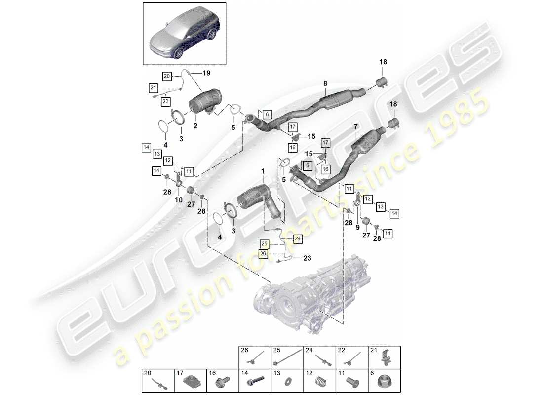 porsche 2018 (cayenne e3 9ya/9yb) diagrama de piezas del sistema de escape