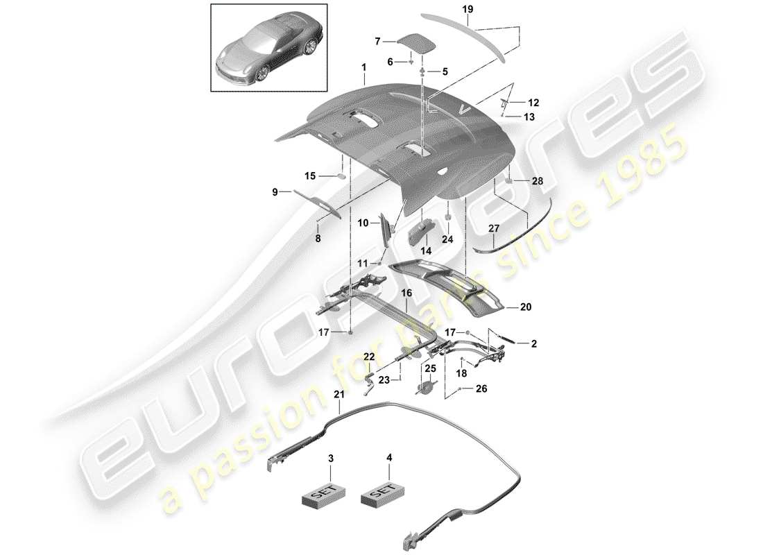 porsche 2015 (991-1 r/gt3/rs) cubierta para caja de almacenaje superior diagrama de piezas