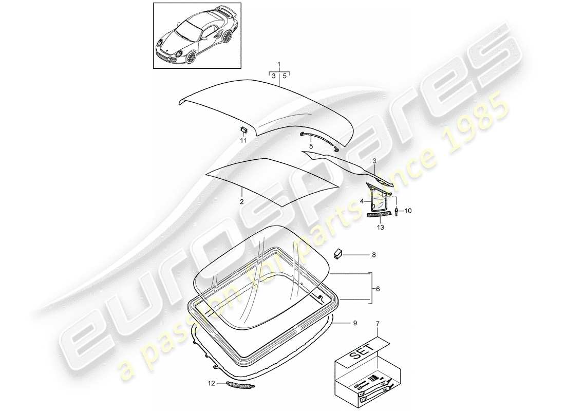 porsche 911 t/gt2rs (2012) cubierta superior convertible diagrama de piezas