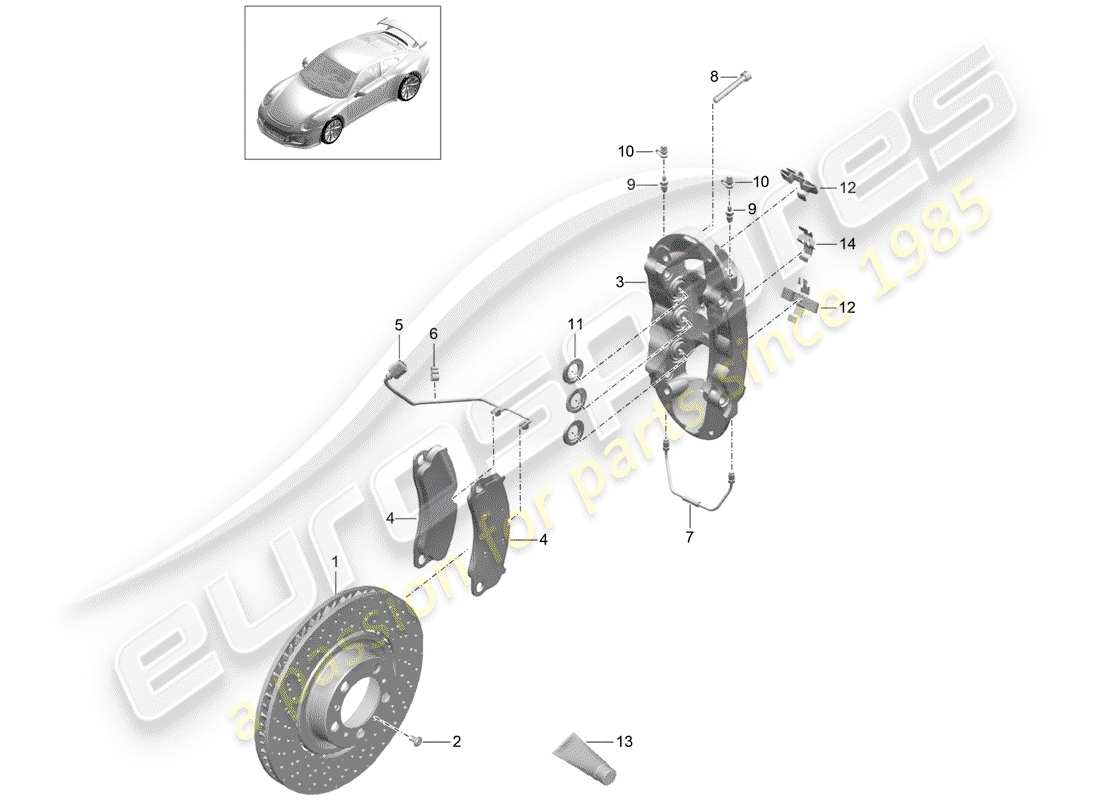 porsche 2014 (991-1 r/gt3/rs) frenos de disco diagrama de piezas