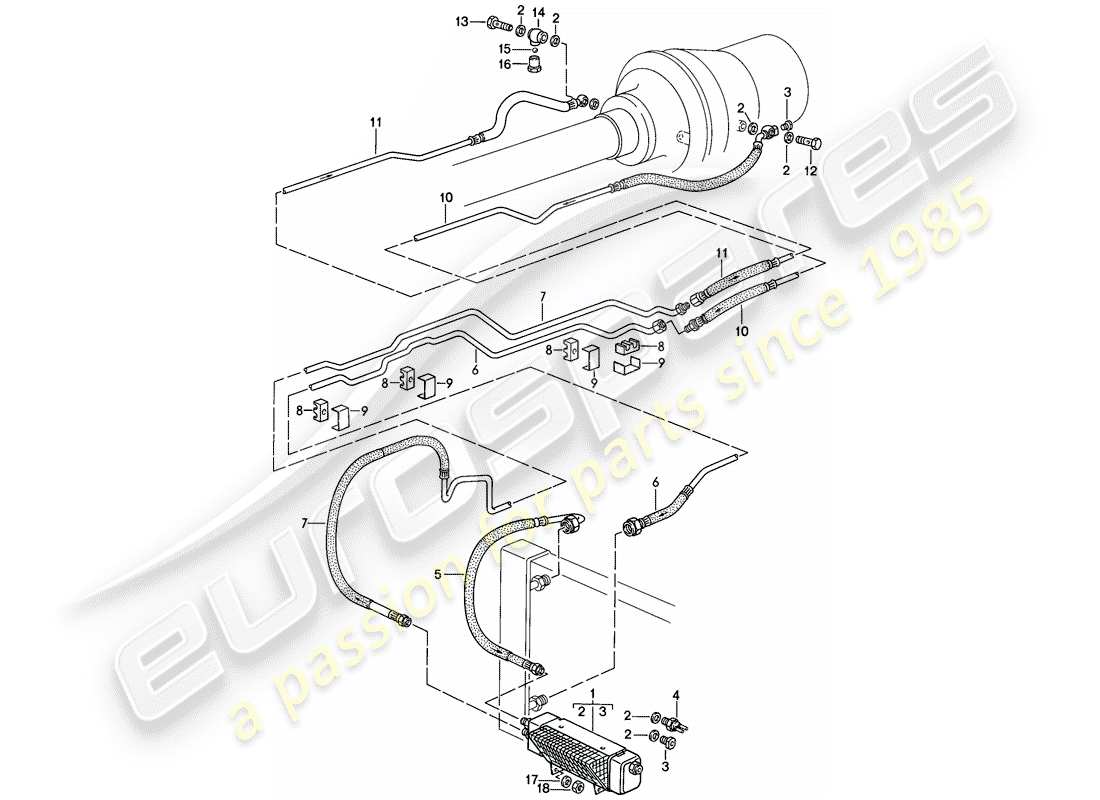porsche 1983 (928) transmisión automática - enfriador del atf - líneas del atf - enfriador del atf diagrama de piezas