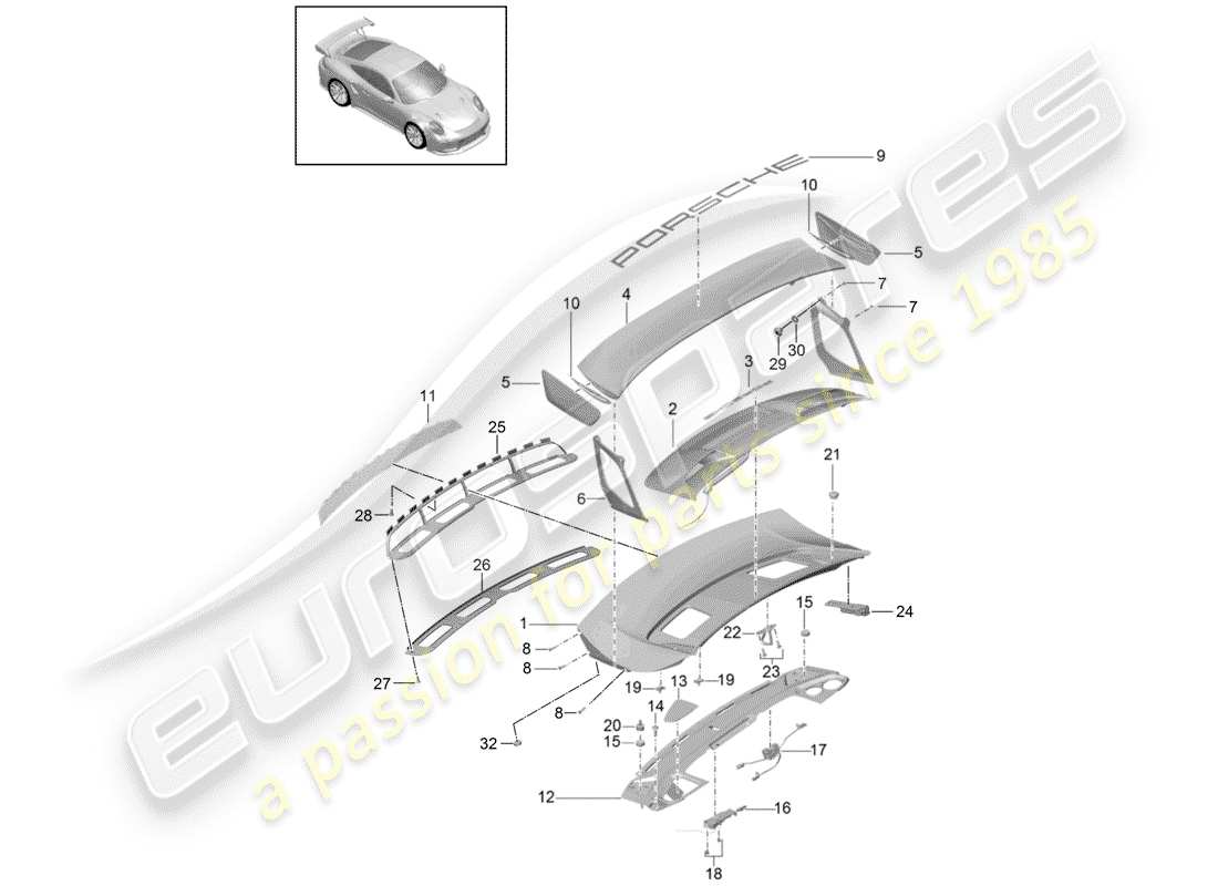 porsche 991 t/gt2rs diagrama de piezas de la tapa del maletero trasero