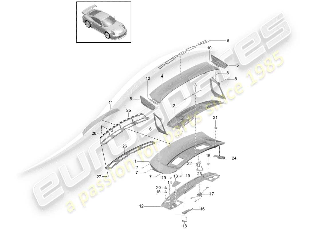 porsche 2016 (991-1 turbo) diagrama de piezas de la tapa del maletero trasero