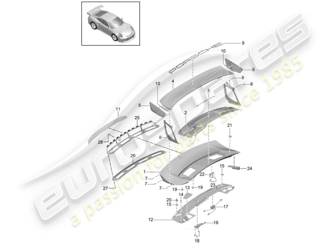 porsche 991 turbo (2016) diagrama de piezas de la tapa del maletero trasero