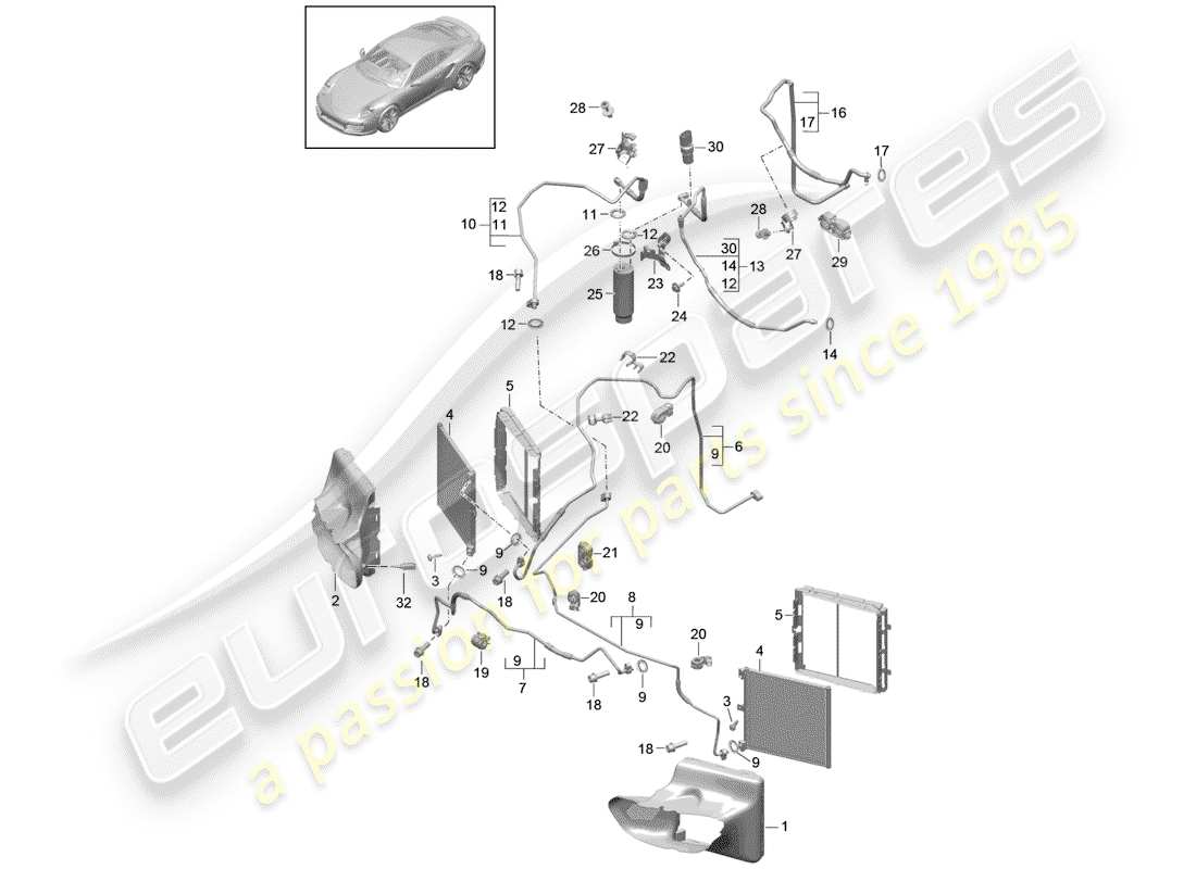 porsche 991 t/gt2rs diagrama de piezas del circuito refrigerante
