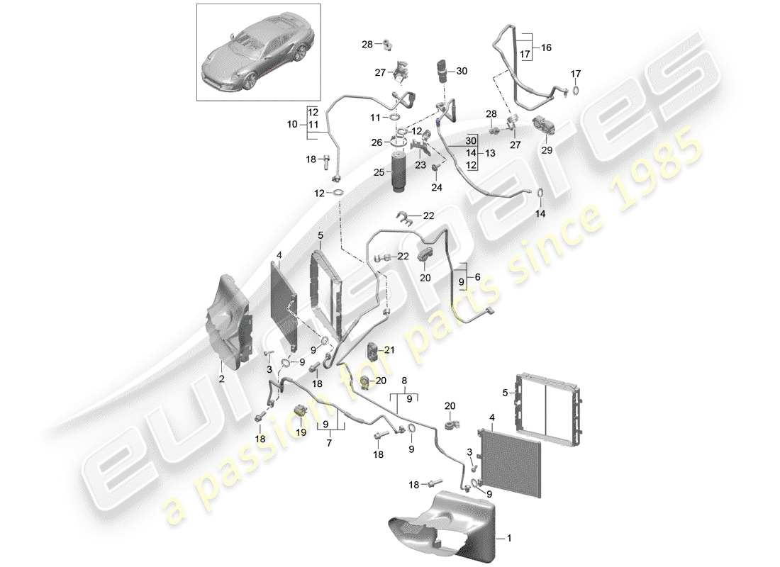 porsche 2016 (991-1 turbo) diagrama de piezas del circuito refrigerante