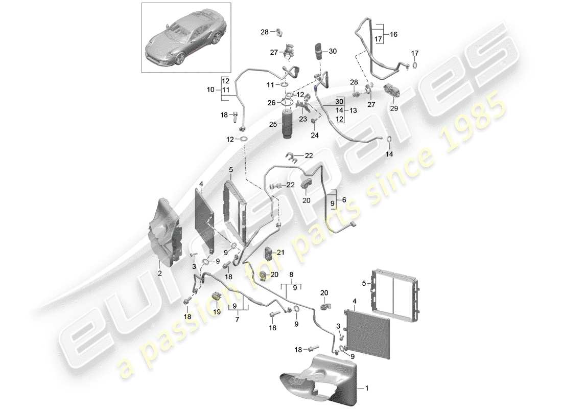 porsche 991 turbo (2016) diagrama de piezas del circuito refrigerante