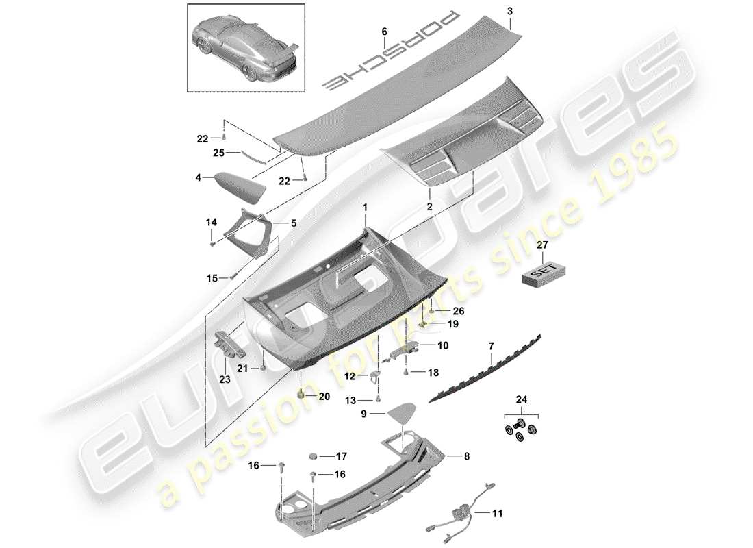 porsche 2019 (991-2 r/gt3/rs) tapa del maletero trasero diagrama de piezas