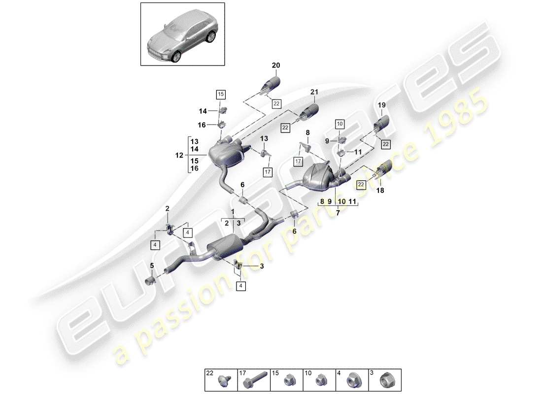 porsche 2019 (macan) diagrama de piezas del sistema de escape