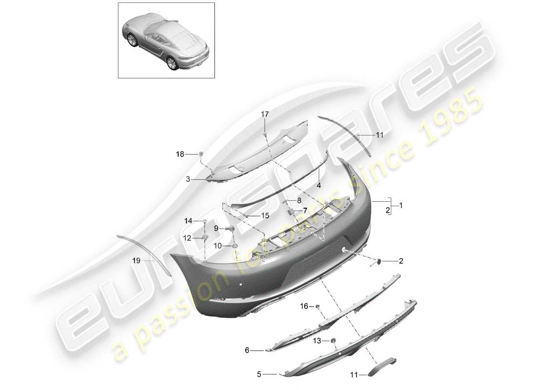 porsche 2020 (718 cayman) diagrama de piezas del parachoques