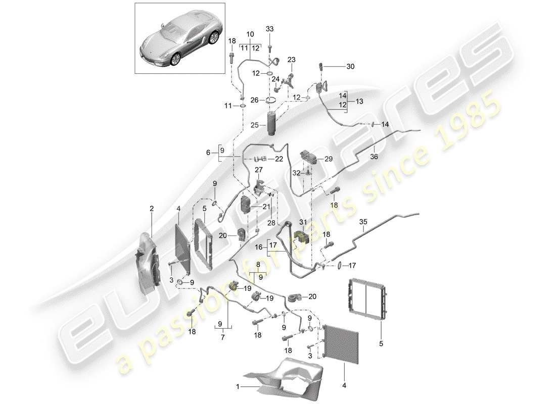 porsche 2015 (981 cayman) diagrama de piezas del circuito refrigerante